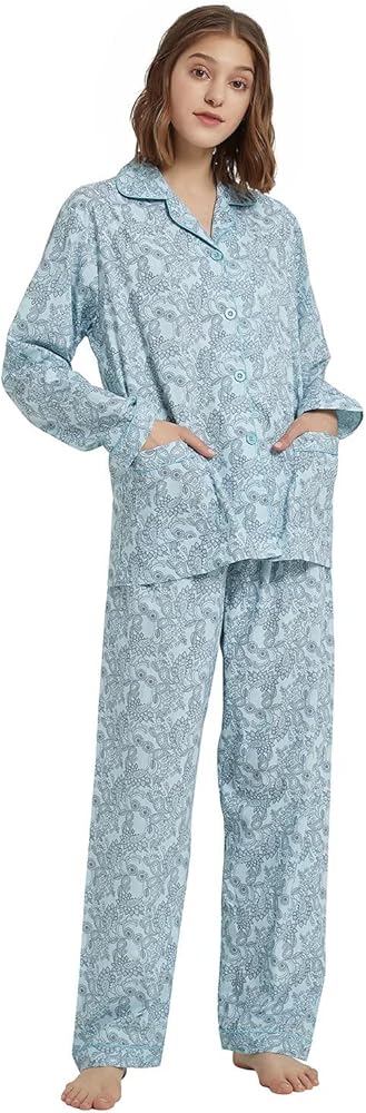 GLOBAL Women's 100% Cotton Pajama Set|Long-Sleeved with Pants PJs |Button Down Front Top&Drawstring Waist Bottom Nightwear