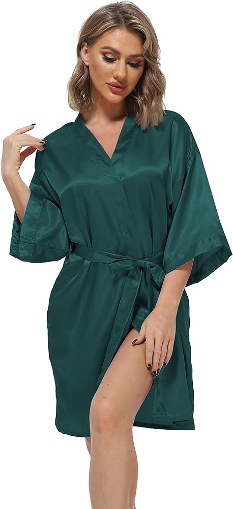 Women's Short Satin Robes Silky Bathrobe Bridesmaid Sleepwear for Wedding Party Getting Ready Solid Color