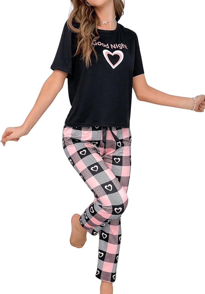 Verdusa Women's Lounge Set Sleepwear 2 Pcs Plaid Print Short Sleeve Tee Top with Pants