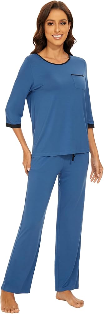 WiWi Womens Pajamas Viscose from Bamboo Moisture Wicking Pajama Set 3/4 Sleeve Sleepwear Sets Lightweight Pjs S-XXL