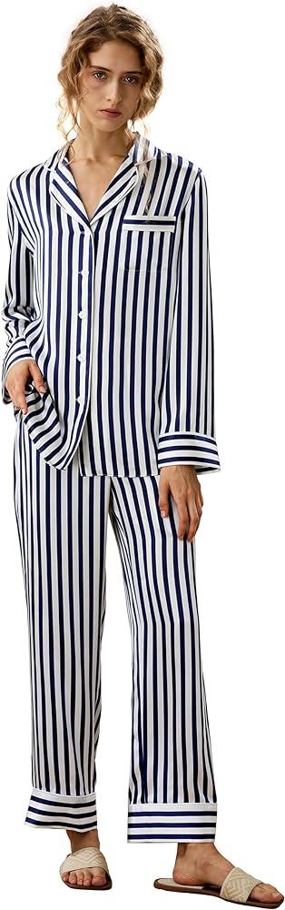 LilySilk The Amalfi Button-Up Full Length Striped Pyjama Set Women's 19 Momme 100% Pure Silk Sleepwear Set