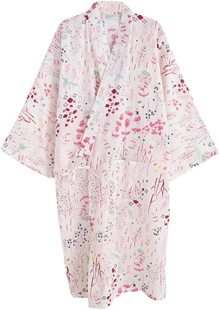 ZooBoo Japanese Kimono Nightgown Bathrobe - Cotton Spring Summer Sauna Robe Lightweight Thin Sleepwear for Women