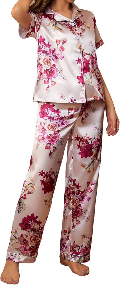 Milumia Women's Satin Pajamas Leopard Short Sleeve Button Up Shirt and Pants Pj Set Sleepwear Floral Pink Large