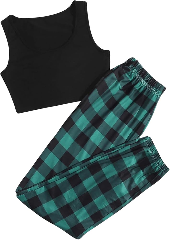 Verdusa Women's 2 Pieces Sleepwear Plaid Print Crop Tank Top and Shorts Pajama Sets