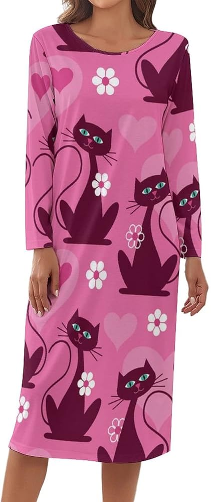 Women's Nightgown Silky Sleepwear Long Sleeve Sleep Shirt with Cartoon Cat Graphic Print