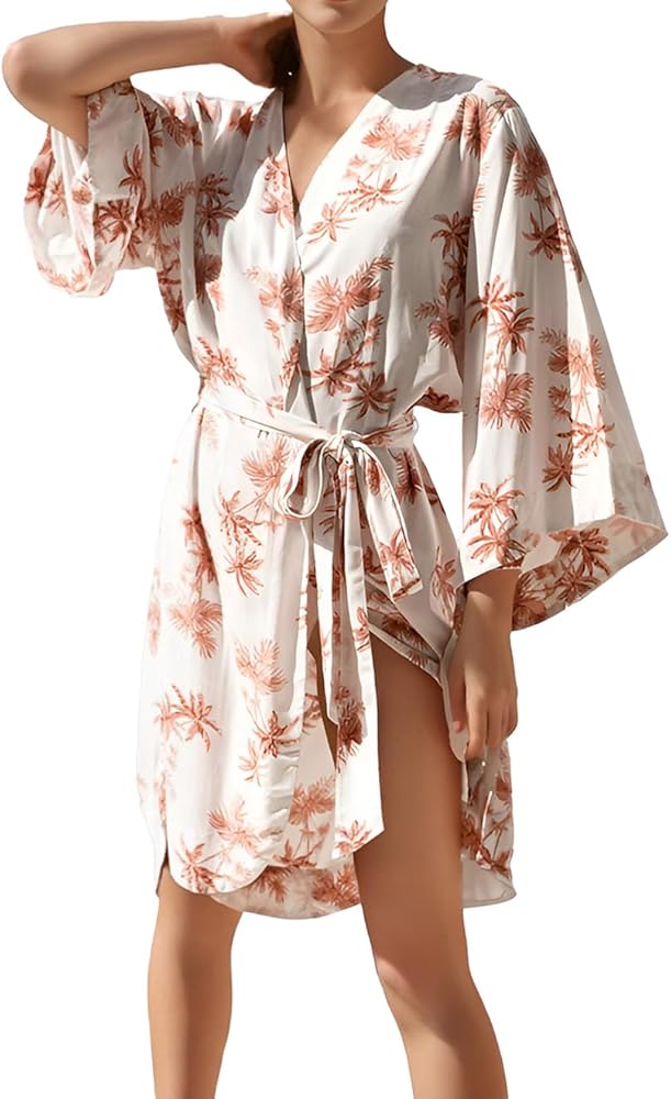 Womens Summer Robe Printed Casual Short Bathrobe Soft Sleepwear with 3/4 Sleeve