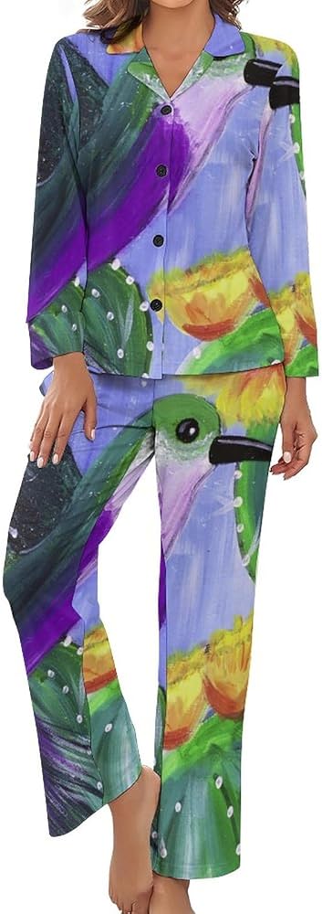 Paint Hummingbird Womens Pajama Sets Pockets Pants Long Sleeve Sleepwear Nightwear Loungewear