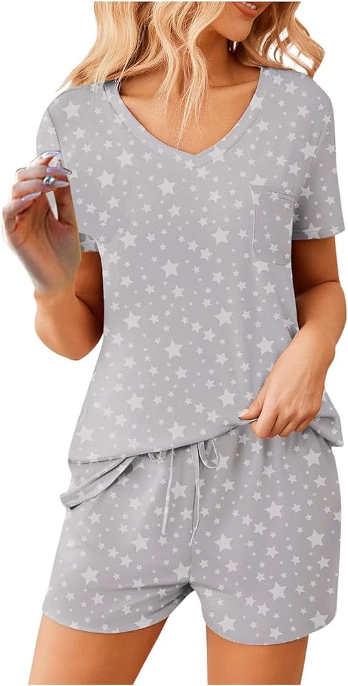 Lastesso Pajama Sets for Women 2 Piece Casual Tie Short with Short Sleeve V Neck Summer Homewear Soft Lingerie Sleepwear