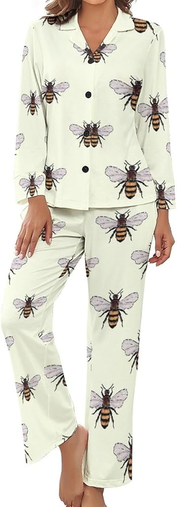 Bees Print Pajamas Set for Women Soft Long Sleeve Button Down Shirt And Pants Sleepwear S-XL