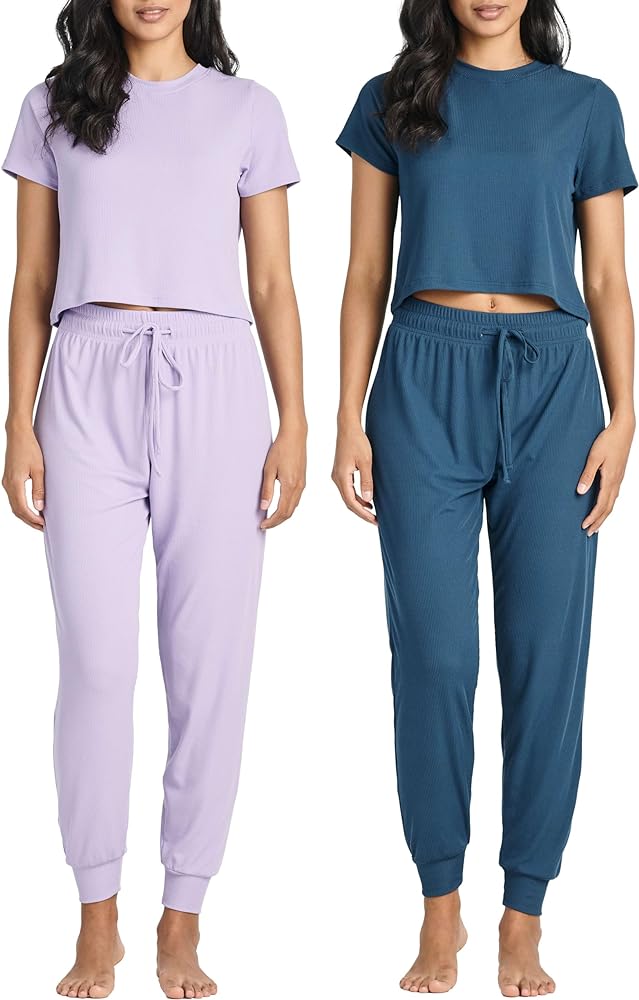 Real Essentials 2 Pack: Women's Ribbed Knit Cropped Short Sleeve Top with Jogger Sweatpants Lounge Set Sleep