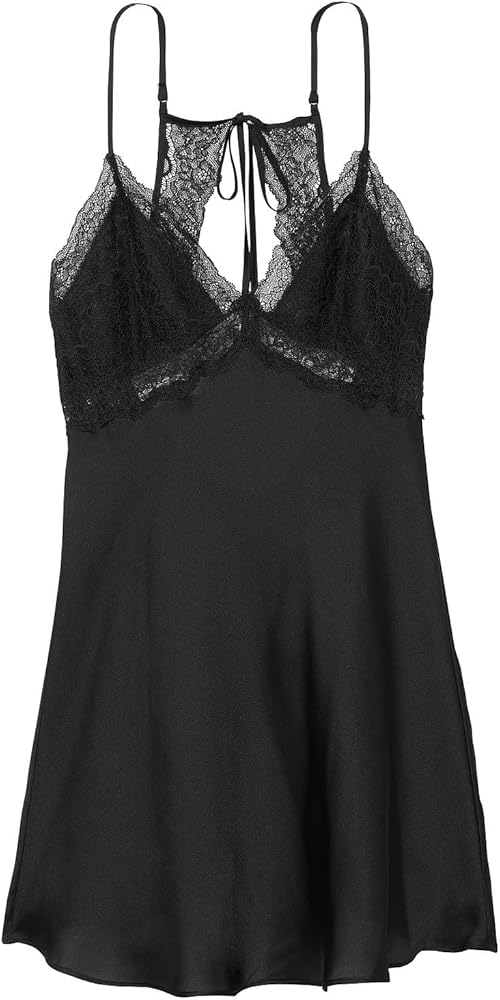 Victoria's Secret Stretch Satin Lace Cutout Slip, Silk Nightgown, Spaghetti Strap Satin Slip Dress, Lace Lingerie, Women's Sleepwear, Black (L)