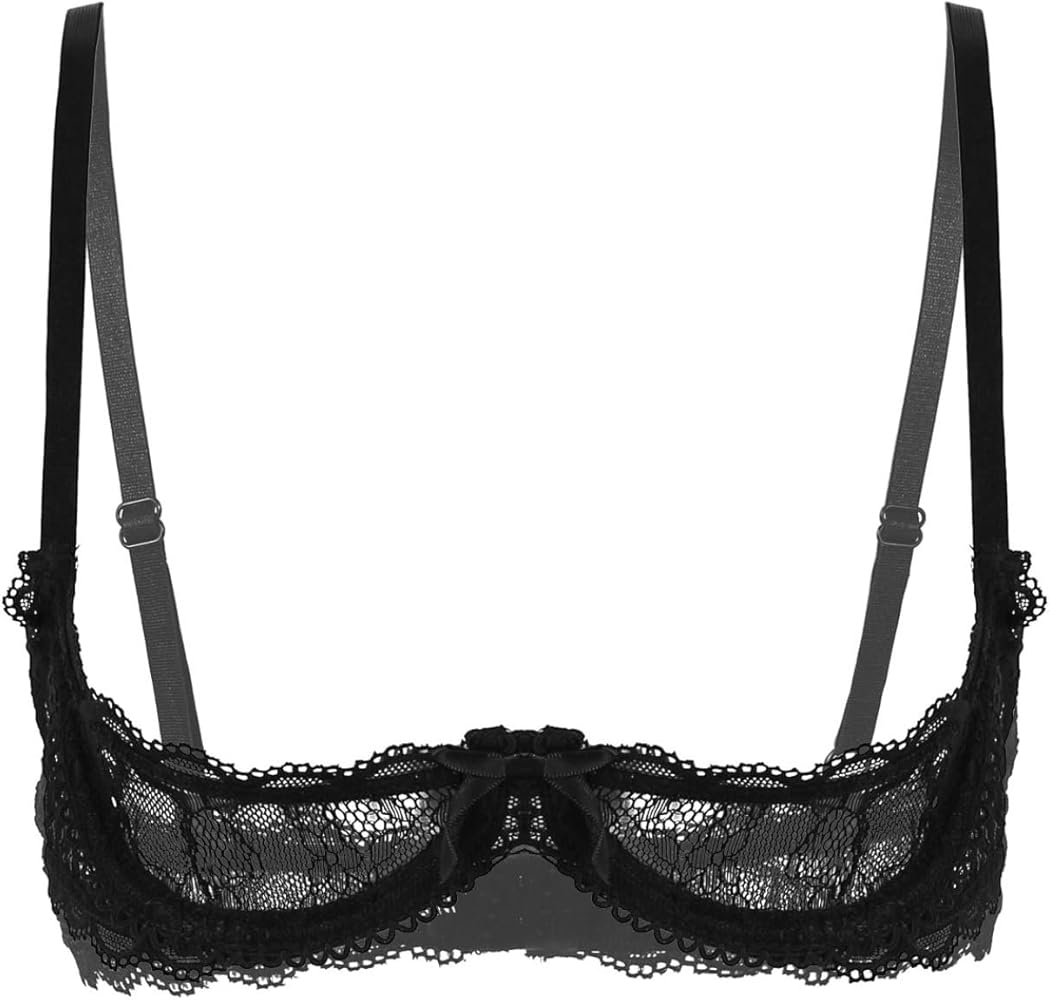 Women Sexy 1/4 Cup Sheer Lace Bra Push Up Underwired Shelf Bra Unlined See Through Bralette