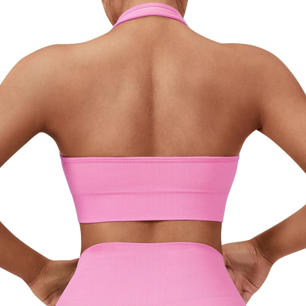 SUUKSESS Women Seamless Halter Sports Bra Open Back Padded Workout Crop Tank Tops