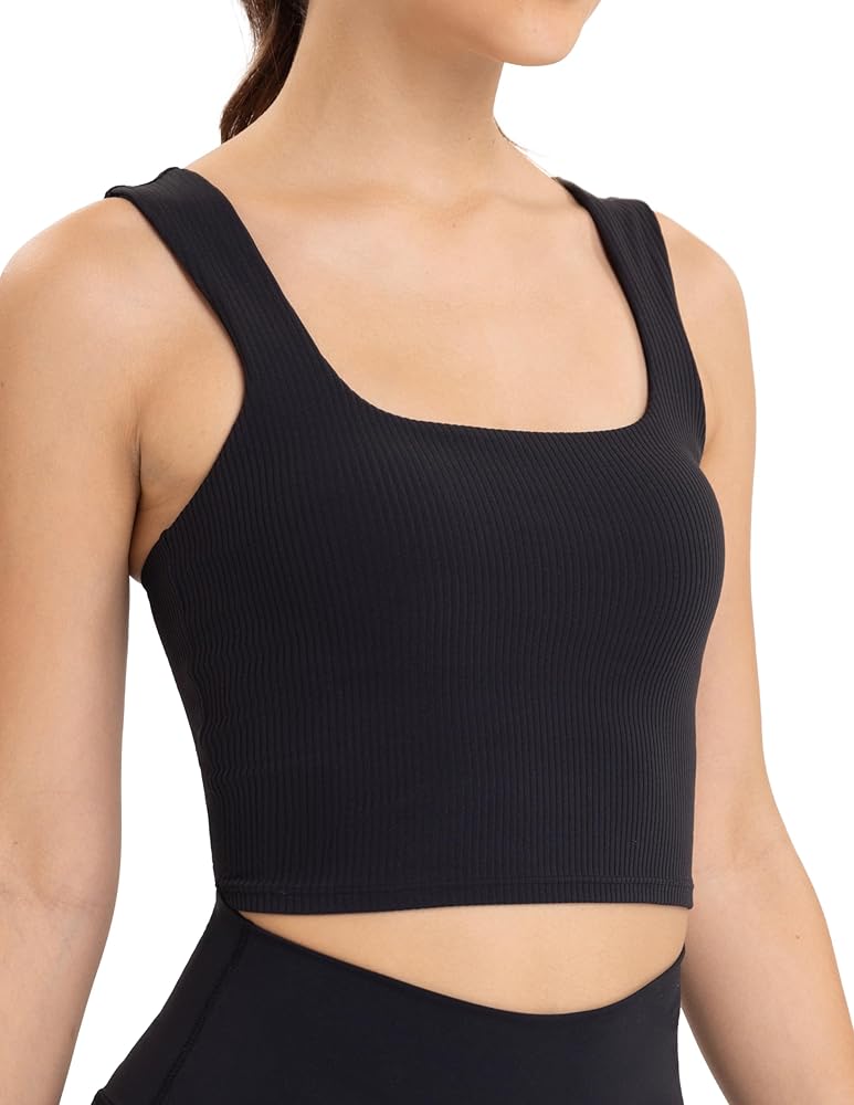 YUNOGA Women's Ribbed Longline Sports Bra Square Neck Workout Crop Tank Tops with Built in Shelf Yoga Bra