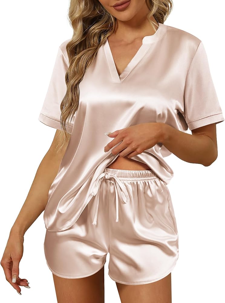 Ekouaer Silk Pajamas for Women Short Sleeve Sleepwear Two-piece Pjs Set Soft V Neck Loungewear Tops with Pj Shorts S-XXL