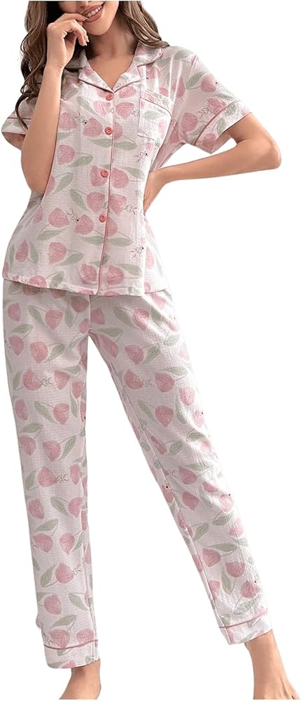 Verdusa Women's 2 Piece Printed Pajama Sets Sleepwear Button Up Shirt with Pants