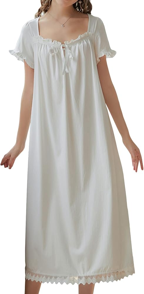 Lu's Chic Women's Victorian Nightgown Princess Cotton Sleepwear Short Sleeve Loungewear