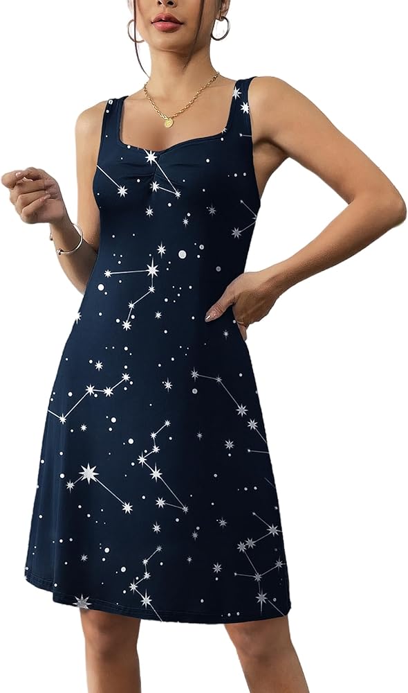 Ekouaer Tank Sleepwear for Women Sleep Shirts Sleeveless Nightgown Sweetheart Neck Racerback Pleated Front Nightwear Star Sky Medium