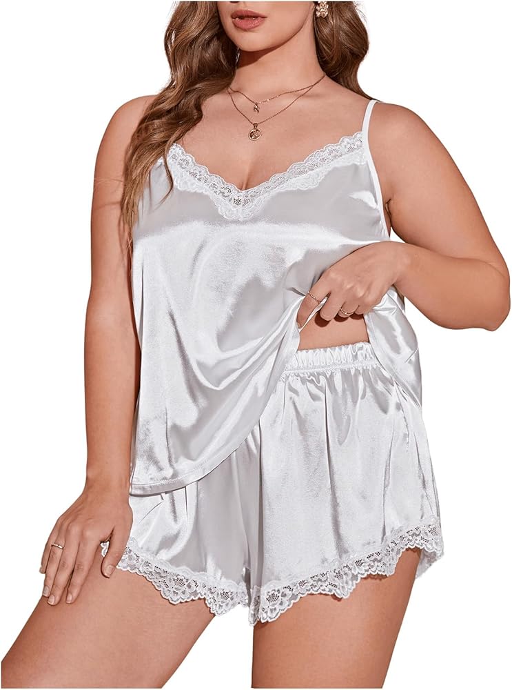 OYOANGLE Women's Plus Size 2 Piece Pajama Satin Lace Trim Cami Top and Shorts Sleepwear Set