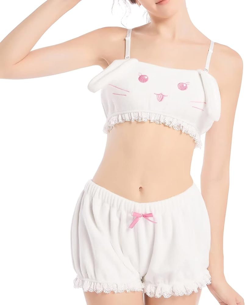 Womens Pajama Sets Shorts And Tank Top Loungewear Fuzzy Pajamas White Bunny Costume