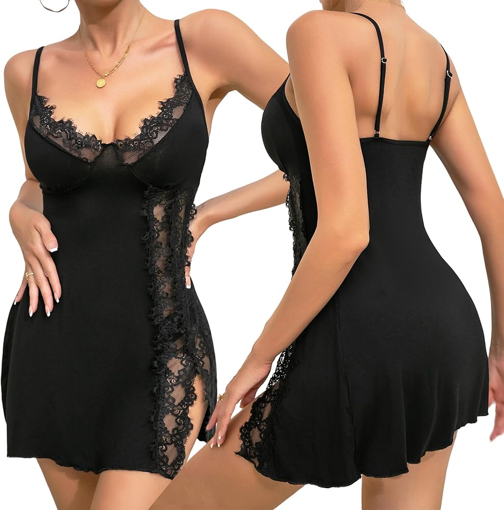 FEOYA Women Lace V Neck Lingerie Babydoll Split Chemise Teddy Spaghetti Strap Sleepwear