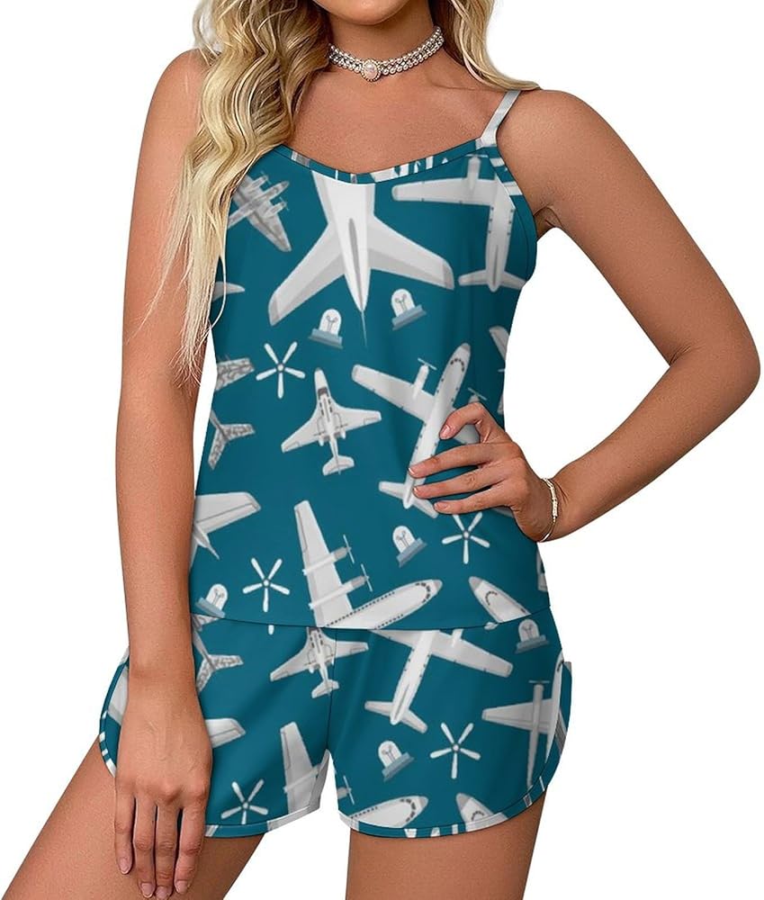 Plane Pattern Aircraft Airplane Jet Soft Women's Pajamas V Neck Loungewear Pj Shorts Sets Sleeveless Sleepwear