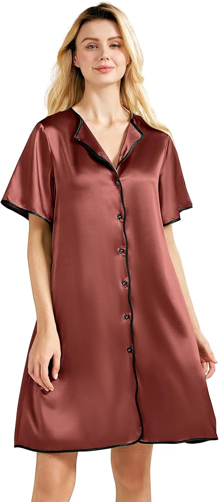 AW BRIDAL Women's Silk Nightshirt Short Sleeve Button Down Nightgown V-Neck Sleepwear Satin Pajama Dress, S-XL