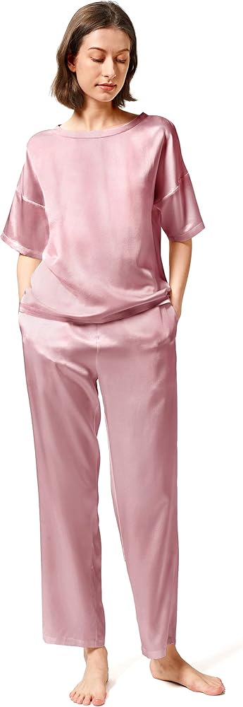 Mommesilk Silk Pajamas for Women Half Sleeve Washable 100% Real Mulberry Silk Pj Sets Sleep Summer