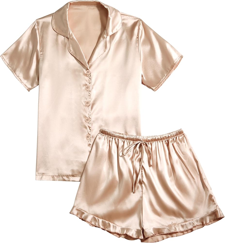 Vrtige Women's Satin Pajamas Set Short Sleeve Button Down Top With Shorts PJs Set Sleepwear