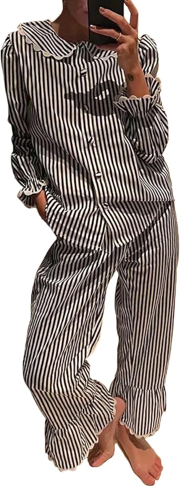 SOLILOQUY Women Gingham Pajama Set Long Sleeve Tie-up Bow Shirt Top Plaid Lounge Pants 2 Pieces Sleepwear