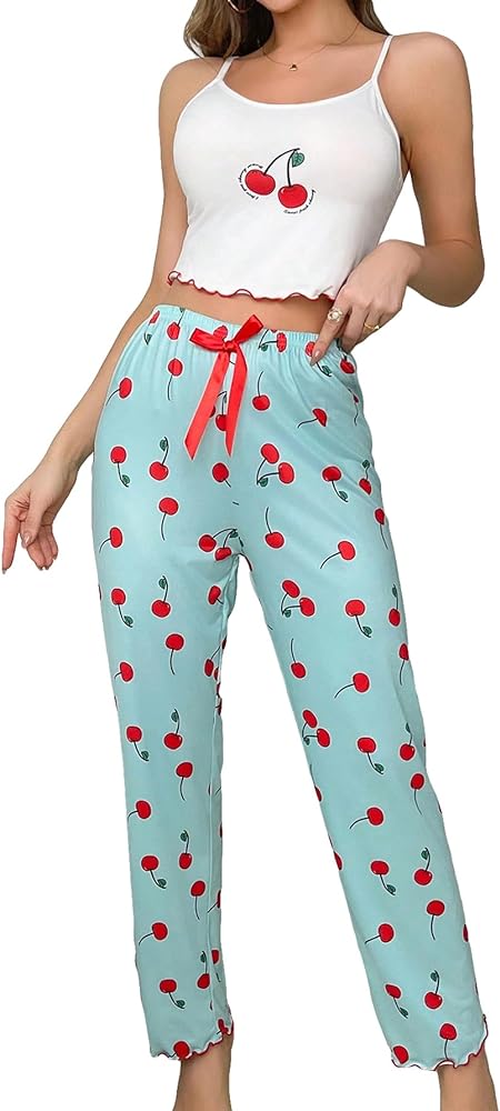 Verdusa Women's 2 Piece Pajamas Lounge Sets Printed Cami Top and Pants Pjs Set