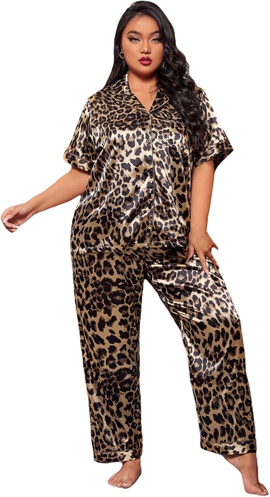 Milumia Women's Plus Size Satin Pajama Set 2 Piece Notch Collar Sleepwear Loungewear Leopard Print 3X-Large Plus