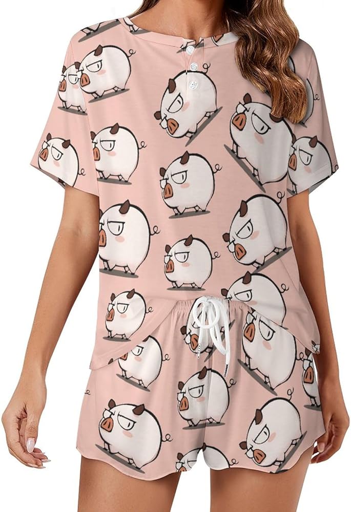 Cute Pig Classic Women's Pajamas Loungewear Set Loose Short Sleeve Sleepwear With Pockets