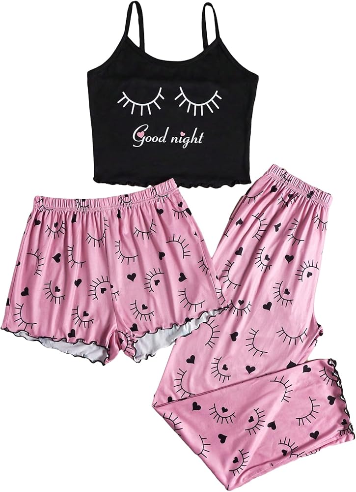 Milumia Women's 3 Pieces Pajamas Sets Lettuce Trim Shorts Pants Pj Sets Sleepwear