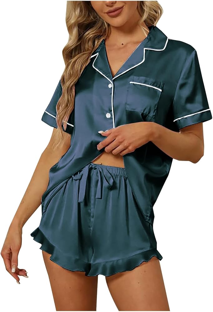 Satin Pajama Set for Women 2 Piece Silk Pjs Sets Sexy Camisole Tops and Ruffle Shorts Sleepwear Loungewear Nightwear