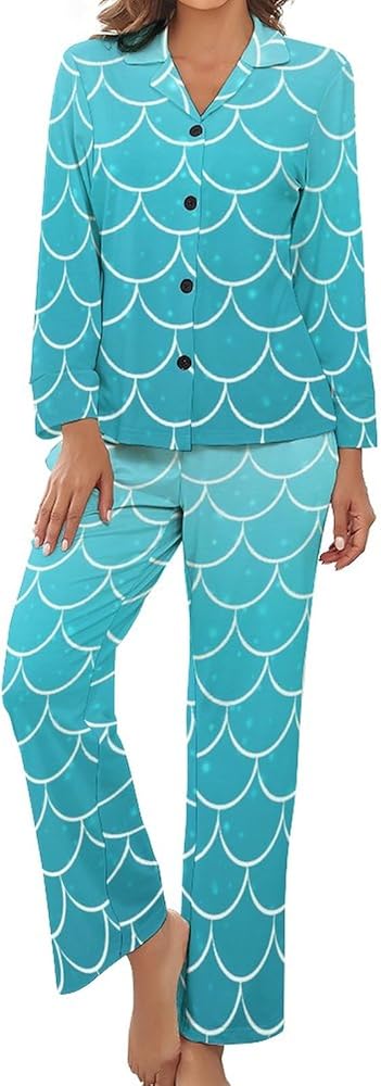 Blue Mermaid Scalsl Womens Pajama Sets Pockets Pants Long Sleeve Sleepwear Nightwear Loungewear