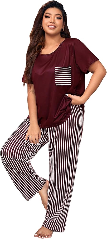 OYOANGLE Women's Plus 2 Piece Pajama Set Stripe Pocket Short Sleeve Top and Long Pants Lounge Sleepwear