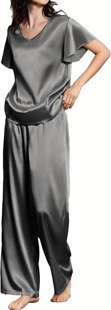 Ekouaer Silk Pajamas Satin 2 Piece Short Sleeve Top and Long Pants Pj Sets Silky Sleepwear Loungewear for Women