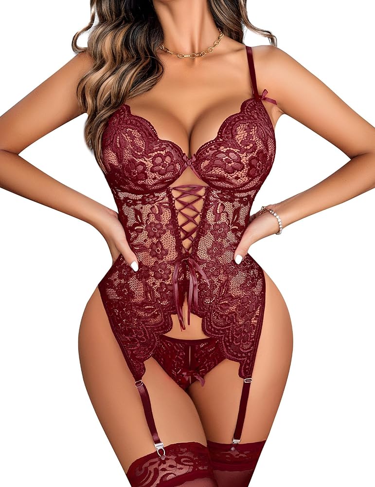 Avidlove Women Lingerie Lace Lingerie Sets with Garter Belts One Piece Bodysuit Teddy with Panty No Stockings S-XXL