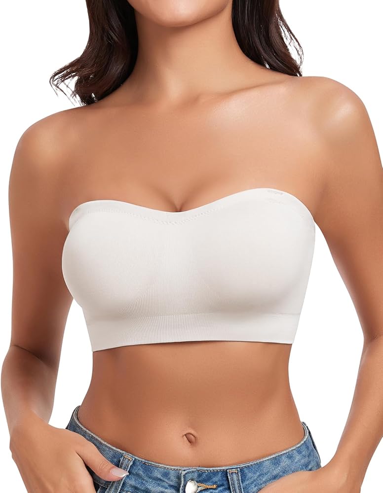 WOWENY Strapless Bras for Women Bandeau Bra Wireless Non-Slip Silicone Seamless Padded Tube Top Bra