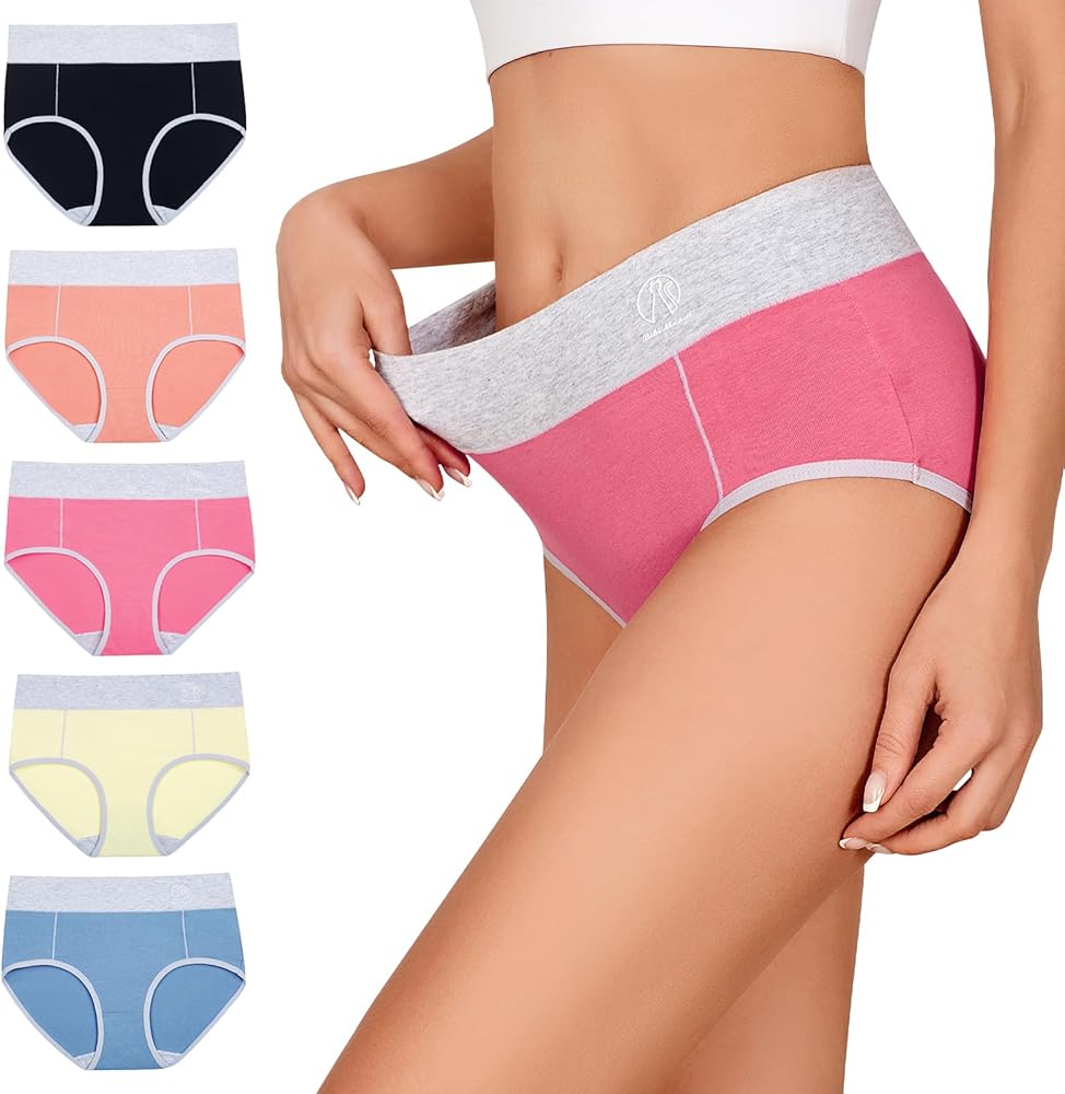 Women's Underwear High Waisted Cotton Briefs Stretch Panties Soft Full Coverage Underpants 5 Pack