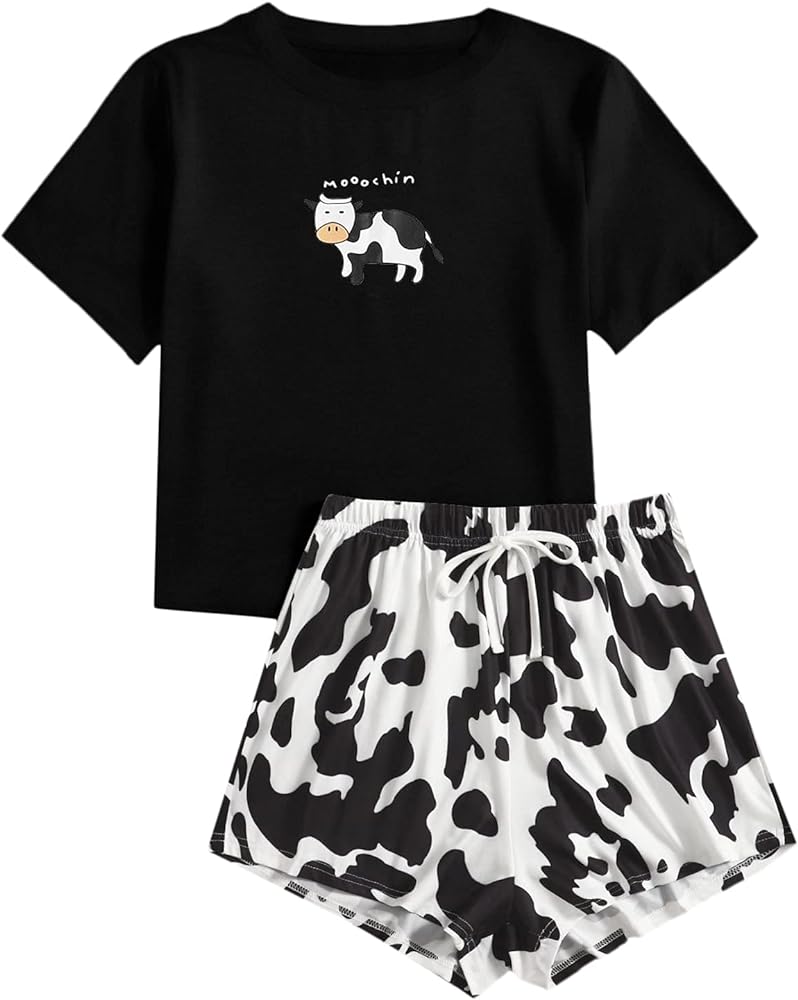 SOLY HUX Women's Cute Cartoon Print Sleepwear Short Sleeve Tee with Shorts Pajama Set