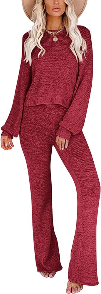 Ekouaer Lounge Sets for Women 2 Piece Knit Sets Cozy Off Shoulder Sweater Outfits Pullover and Wide Leg Pants Pajamas