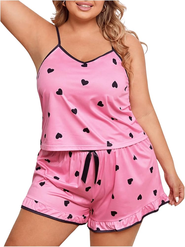 SHENHE Women's Plus Size Cute Graphic Print Lettuce Trim Cami and Shorts Pajama Set Sleepwear