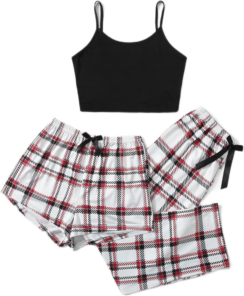 GORGLITTER Women's 3 Piece Plaid Pajamas Pants Set Cami Top with Shorts Loungewear Sleepwear