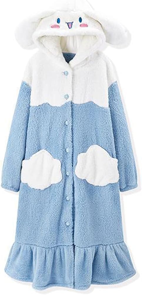 Women's robe button bathrobe Women's hoodie coat plush warm pajamas Long sleepwear with cute pattern pocket pajamas