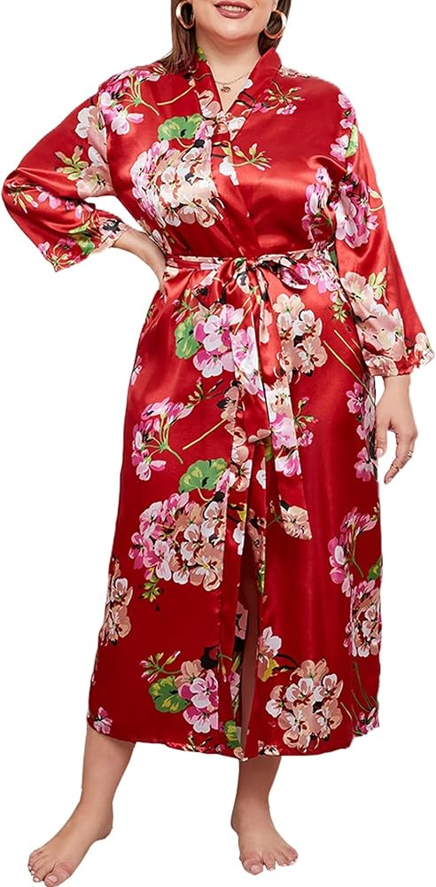 Women Kimonos Robes Bathrobe Lightweight Silk Floral Sleepwear Plus Size Long V-neck Casual Ladies Loungewear