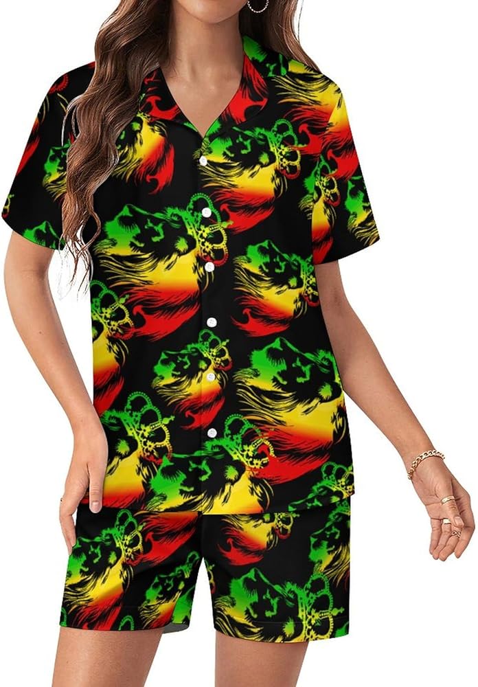 Rasta Lion Womens Silk Satin Pajamas Set Short Sleeve Button-Down Sleepwear Loungewear Pj Set