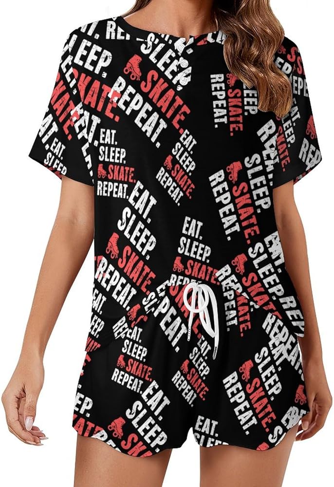 Eat Sleep Skate Women's 2 Piece Pajamas Short Sleeve Shorts Sleepwear Set Causal Loungewear Home Suit 5XL