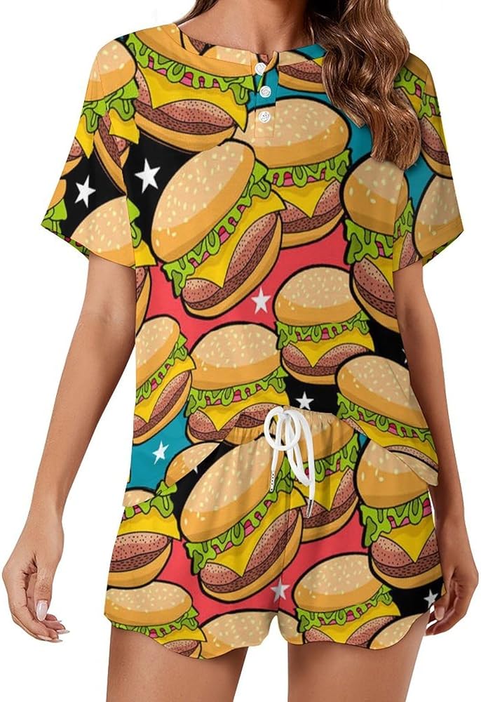 Hamburger Fast Food Women's 2 Piece Pajamas Short Sleeve Shorts Sleepwear Set Causal Loungewear Home Suit 4XL